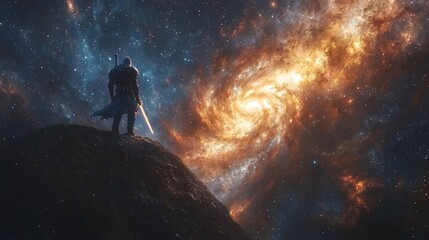Wall Mural - A Knight in Futuristic Armor Standing on Asteroid with Swirling Galaxy and Cosmic Sword Glowing in Space