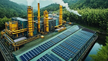 Poster - Industrial facility with solar panels surrounded by mountains and greenery on a clear day