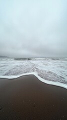 Aufkleber - Gentle waves roll onto a shoreline of deep mocha sand, creating a soothing contrast against the gray, overcast sky. The beach feels tranquil and serene at dusk