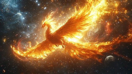 Wall Mural - Cosmic Phoenix Erupting from Swirling Galactic Nebula with Stars and Planets