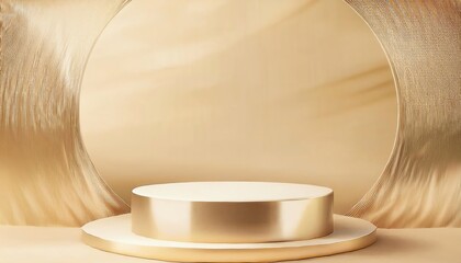 Poster - A minimalist, golden stage setup featuring a circular backdrop and a cylindrical platform, ideal for showcasing products or artistic presentations.