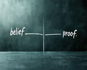 Poster - A chalkboard splitting into two halves labeled belief and proof.