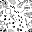 © samiramay - Seamless pattern with cartoon detective and crime investigation symbols - newspaper, magnifier, footsteps on white. Vector line art illustration with engraved retro objects and elements