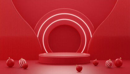 Poster - A vibrant red stage with circular lighting and decorative spheres, creating a bold and modern aesthetic.
