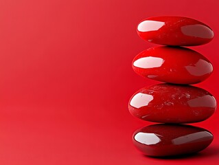 Poster - A stack of red pebbles on a red surface with a reflection