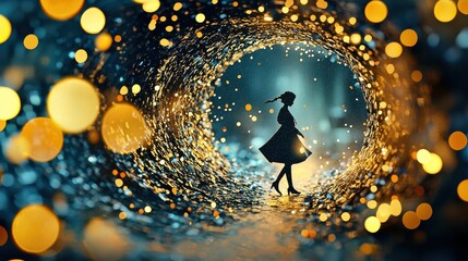 Aufkleber - Mysterious figure walking through shimmering dime in high fidelity enigmatic tunnel digital art dreamlike environment captured from a low angle exploring surreal beauty