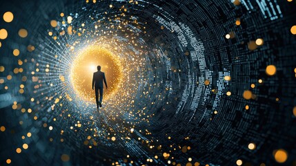 Poster - Mysterious figure navigating a shimmering dime in high fidelity digital realm visual art enigmatic environment perspective of the observer exploration of the unknown