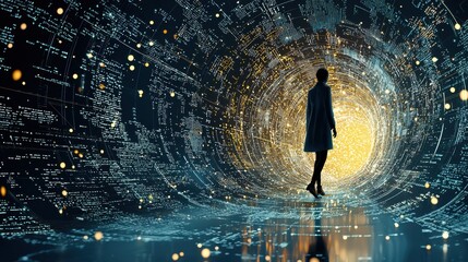 Aufkleber - A mysterious figure walking through a shimmering dime high fidelity digital landscape sci-fi artwork futuristic environment perspective of discovery