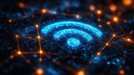 Poster - wireless network connection abstract data landscape with wi-fi symbol and cyberpunk aesthetic