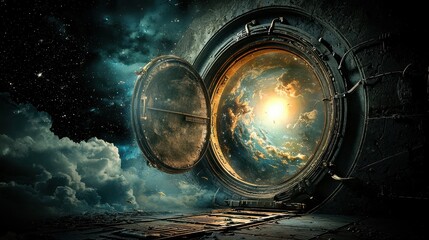 Poster - Unveiling a vibrant alien dimension through an ancient stone archway cosmic landscape high fidelity mystical viewpoint sci-fi concept for engaging astronomy enthusiasts