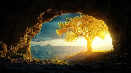 Poster - Discovering an ancient stone archway vibrant alien landscape digital art cosmic environment eye-level viewpoint unveiling mysteries of the universe
