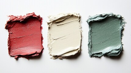 Poster - Three beautifully textured color swatches are arranged in a flat lay, featuring a rich red, a soft beige, and a calming green, inviting artistic exploration and design possibilities