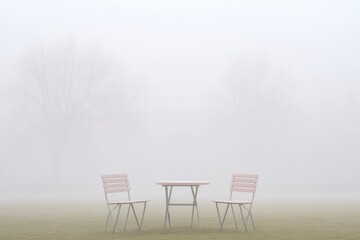 Canvas Print - Serene Foggy Park Scene Empty Table and Chairs in Minimalist Winter Setting