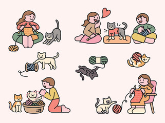 Wall Mural - knitters and cats playing with knitting balls. cuttiny character with outline.
