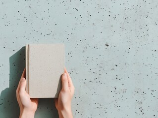 Poster - Minimalist Hands Holding Notebook on Textured Background with Soft Focus and Surreal Lighting