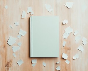 Poster - Minimalist Study Space with Central Book and Scattered Paper on Wooden Surface