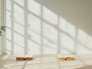 Poster - Serene Reading Nook Open Books in Gentle Sunlight and Shadows