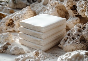 Poster - Minimalist Still Life Composition Blank White Sheets on Sandy Surface Natural Lighting Rocks