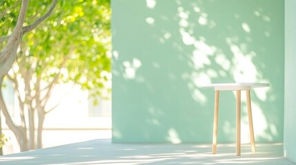 Poster - Tranquil Urban Space with Modern Minimalist Table in Sunlit Greenery