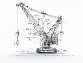 Poster - Minimalist design of a mechanical crane arm blueprint, clean lines and detailed mechanisms, monochrome