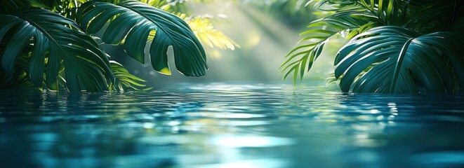 Poster - Palm Leaves Shadow on Water Surface Summer Vacation Abstract Beach Background