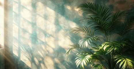 Poster - Palm Leaf Shadows on Textured Wall Soft Ambient Light Minimalist Nature Composition