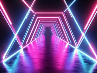 Aufkleber - Vibrant neon corridor with glowing geometric patterns inviting exploration at night. Generative AI