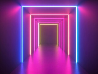 Poster - Neon illuminated hallway with vibrant colors creating a surreal digital art experience. Generative AI