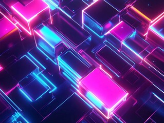 Poster - Digital art showcasing vibrant neon-colored geometric shapes creating an abstract futuristic landscape at night. Generative AI