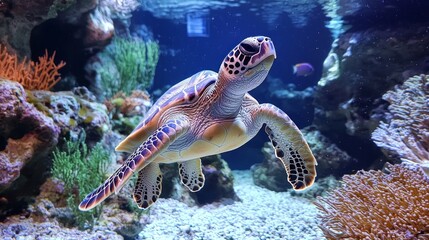 Poster - Majestic turtle swims effortlessly through colorful corals, showcasing the incredible biodiversity of the underwater world, filled with vibrant life and serene beauty