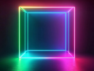 Aufkleber - Futuristic neon gradient cube glowing in a dark space with vibrant colors enhancing a surreal atmosphere. Generative AI