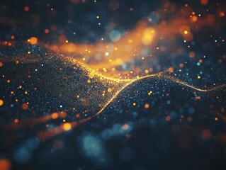 Poster - Shimmering particles creating a mesmerizing wave pattern in a dark background filled with glimmering lights. Generative AI