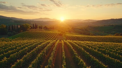 Aufkleber - As the sun sets over the rolling hills of Tuscany, the vineyards bask in golden hues, creating a tranquil environment perfect for relaxation and reflection in the warm evening light