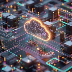 Poster - A cloud computing scene with AI beams scanning files from various devices.