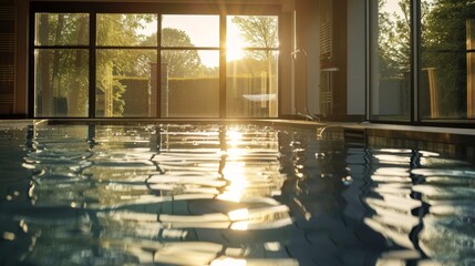 Modern indoor swimming pool with a sophisticated layout, featuring large windows for plenty of natural light