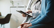 © peopleimages.com - Hands, doctor and patient with tablet, explain and conversation with feedback for diagnosis. People, closeup and medical with professional, man and tech for online results, review illness and report
