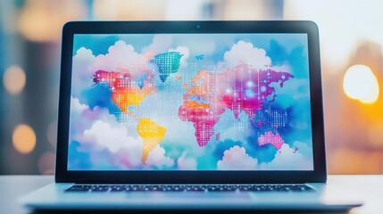 Poster - Abstract watercolor world map on a laptop screen with clouds depicting a global digital system