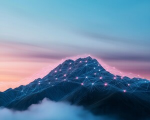 Poster - Futuristic Mountain Landscape Glowing Digital Network at Sunset