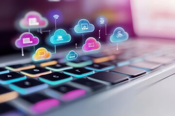 Poster - Closeup of a laptop keyboard with floating watercolor cloud icons above, symbolizing data integration