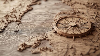 Map atlas idea. Detailed wooden map with compass, representing exploration and adventure.