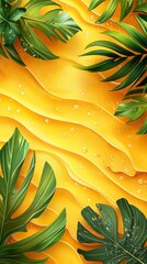 Poster - Golden sand gently ripples under the shine of the sun, framed by lush palm leaves. Water droplets glisten on the foliage, inviting a sense of tropical tranquility and relaxation