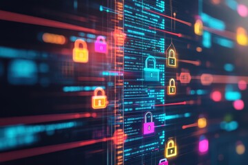 Aufkleber - Encrypted customer data represented by locks within a glowing, layered database