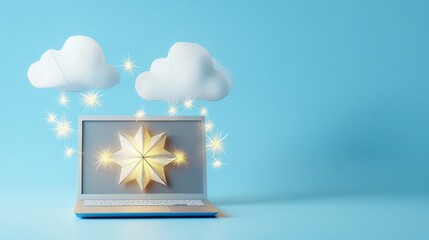Aufkleber - Futuristic Paper Laptop Mockup with Glowing Star and Fairy Lights on Cloudy Blue Background