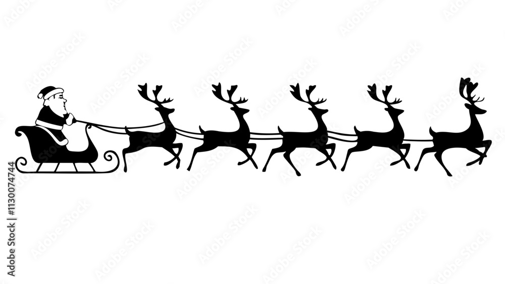 Santa Claus in a sleigh with reindeer pulling is depicted silhouette ...