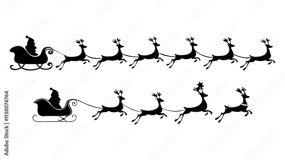 Santa Claus in a sleigh with reindeer pulling is depicted silhouette ...
