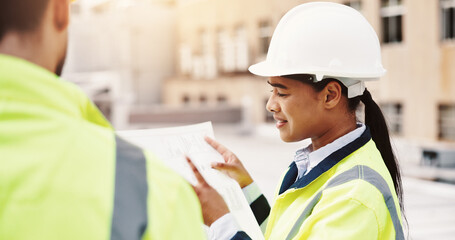 Poster - Roof, blueprint and people with construction for inspection, urban development or planning in city. Man, woman or contractors with paperwork or documents for building layout or architecture in town