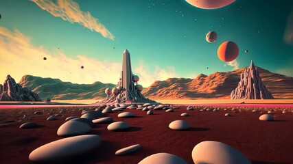 Poster - Retrofuturistic landscape in 80s sci-fi style. Retro science fiction scene with futuristic buildings