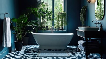 Wall Mural - Serene Modern Bathroom with Plants and Elegant Bathtub Decor