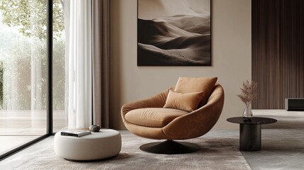 Poster - Stylish chair in warm mocha hues invites relaxation in a contemporary living room. Soft textures and minimal decor enhance the serene atmosphere, perfect for enjoying tranquil moments, Mocha Mousse