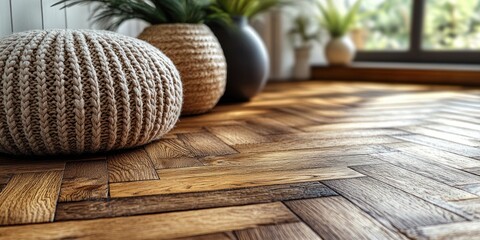 Aufkleber - Close-up Herringbone Wood Flooring Texture in Scandinavian Interior Design Style with Natural Lighting